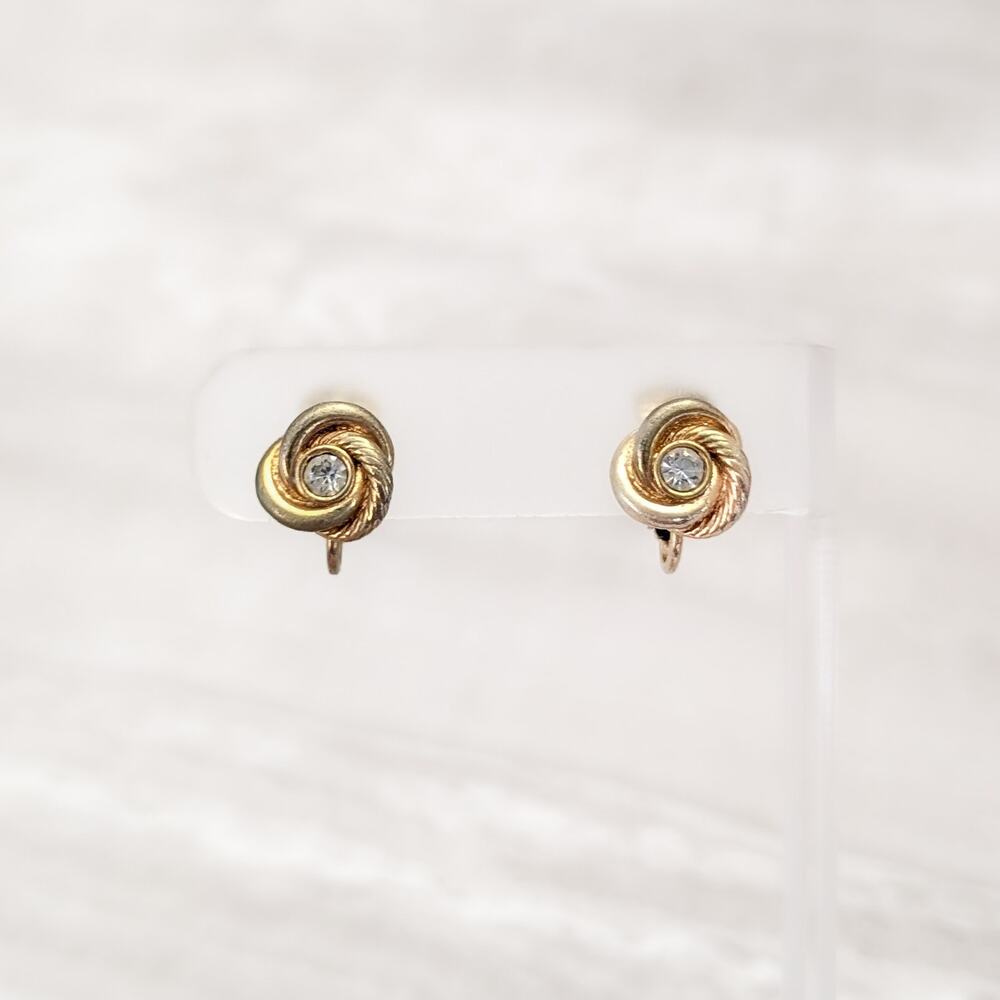 Vintage Clip On Earrings 0.5" Gold Tone Swirl with Clear Gem - Condition Issues